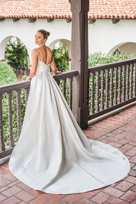 Modern Satin A-Line Spaghetti-Strap Cowl-Neck High-Slit Low-Back Train Wedding Dress