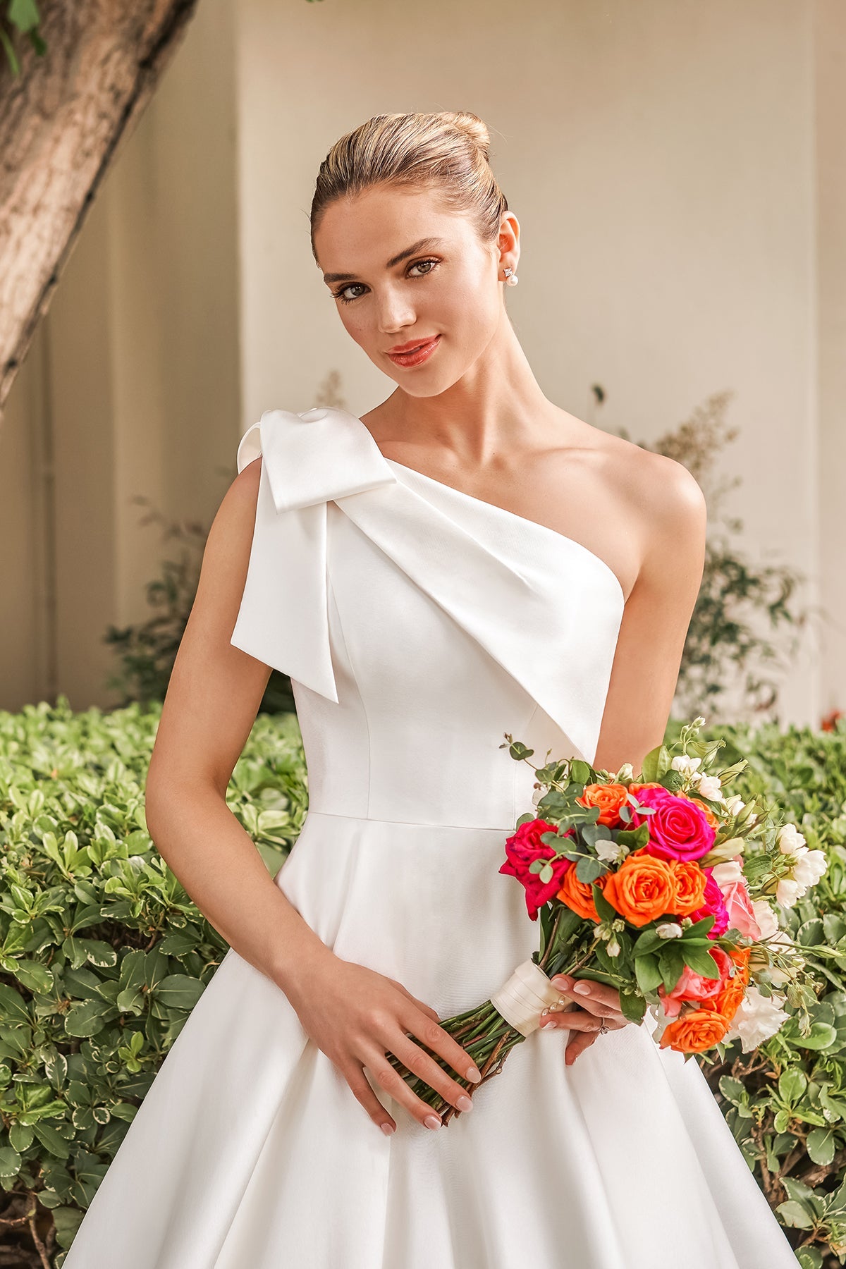 Modern Satin Ballgown One-Shoulder Bow-Detail Low-Back Button-Detail Train Wedding Dress by YiHuiw