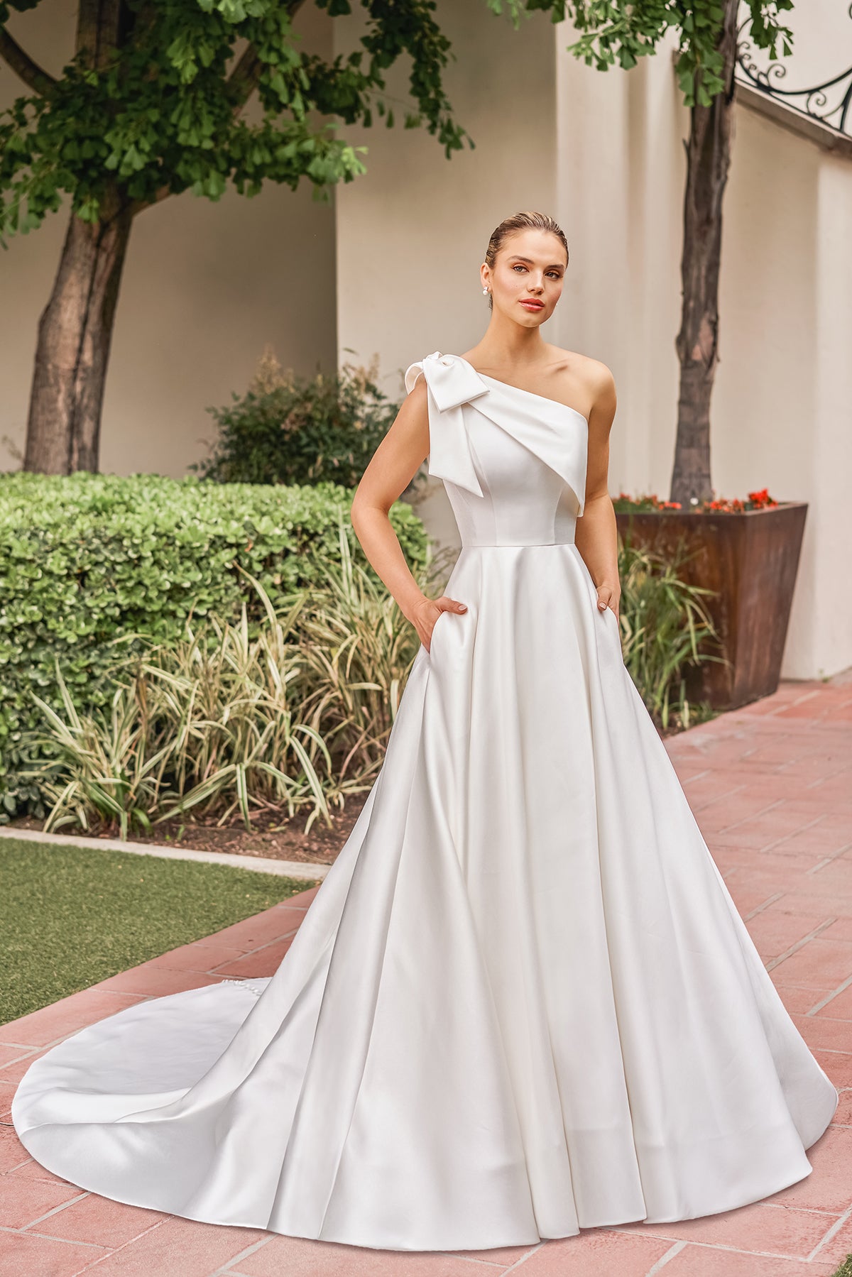 Modern Satin Ballgown One-Shoulder Bow-Detail Low-Back Button-Detail Train Wedding Dress