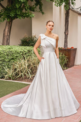 Modern Satin Ballgown One-Shoulder Bow-Detail Low-Back Button-Detail Train Wedding Dress