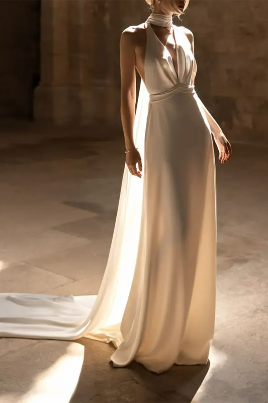 Modern Satin Halter-Neck Deep-V Low-Back A-Line Train Wedding Dress