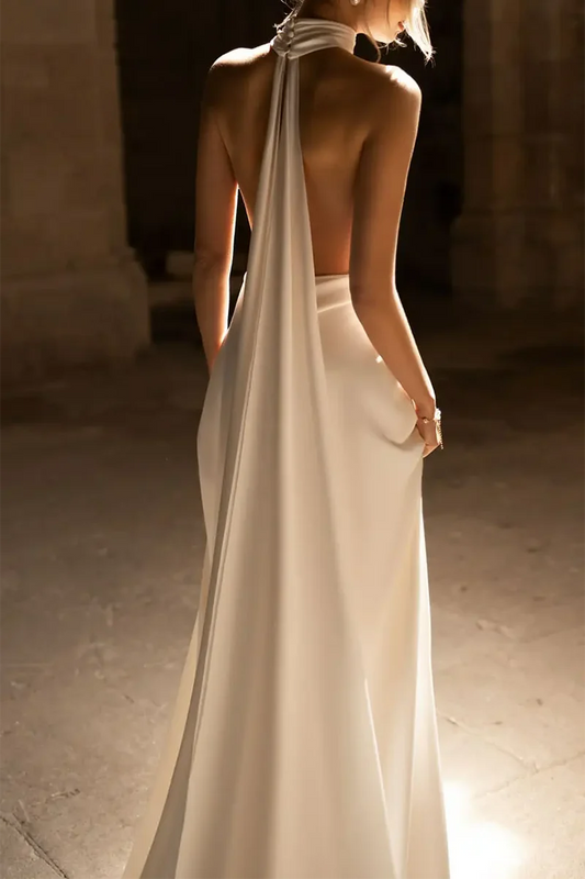 Modern Satin Halter-Neck Deep-V Low-Back A-Line Train Wedding Dress