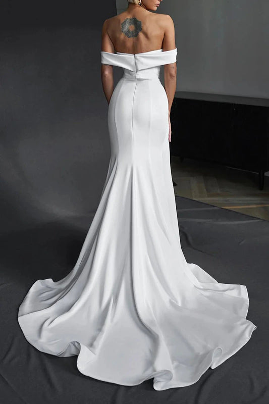 Modern Satin Mermaid Off-the-Shoulder Cowl-Neck High-Slit Cathedral-Train Wedding Dress by YiHuiw
