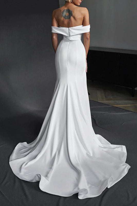 Modern Satin Mermaid Off-the-Shoulder Cowl-Neck High-Slit Cathedral-Train Wedding Dress