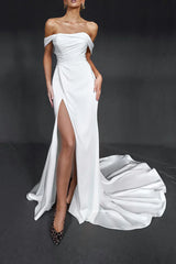 Modern Satin Mermaid Off-the-Shoulder Cowl-Neck High-Slit Cathedral-Train Wedding Dress
