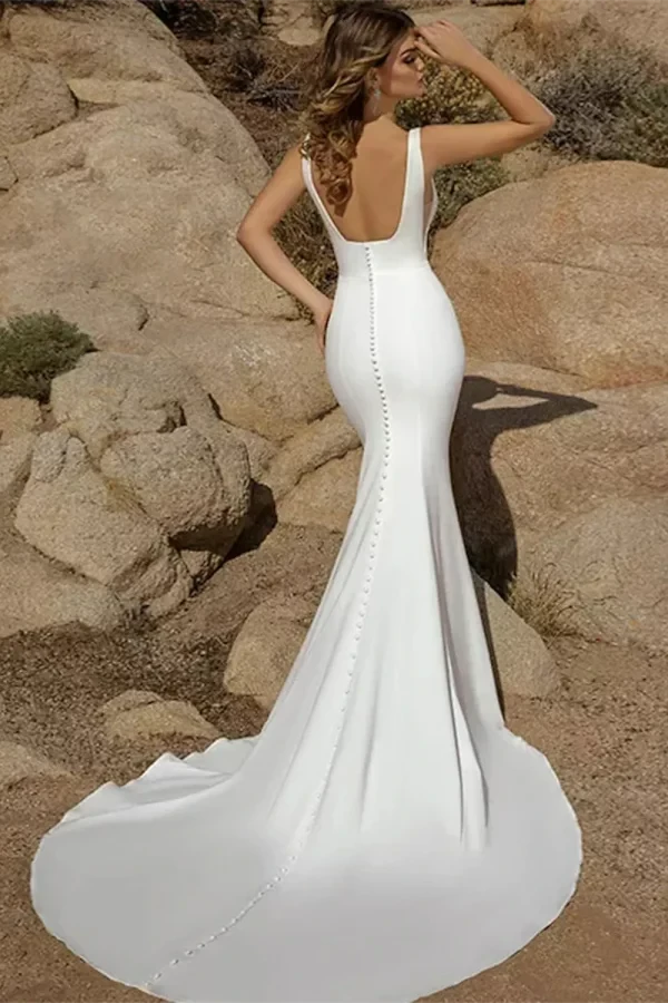 Modern Satin Mermaid Square-Neck Low-Back Button-Detail Train Wedding Dress by YiHuiw