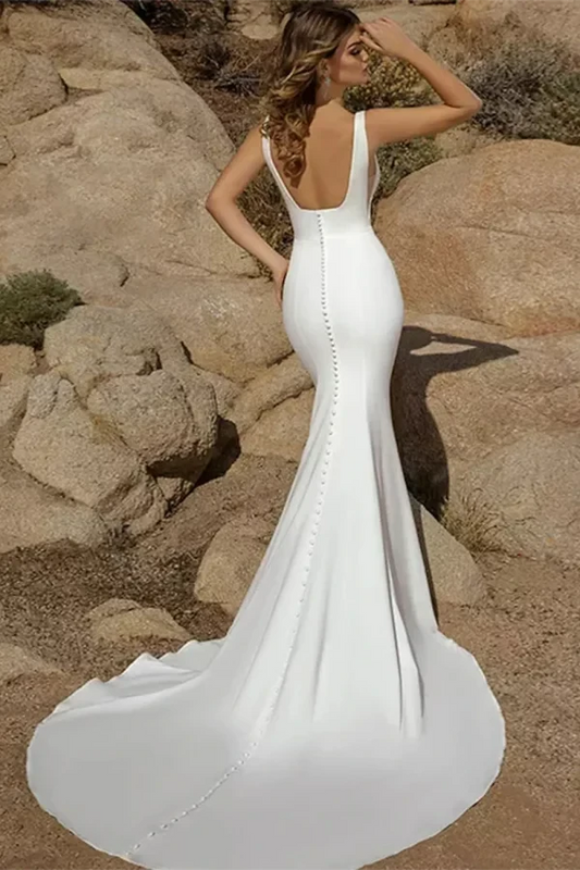 Modern Satin Mermaid Square-Neck Low-Back Button-Detail Train Wedding Dress by YiHuiw