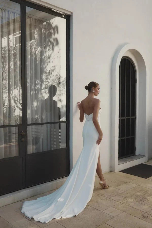 Modern Satin Mermaid Strapless Sweetheart Ruched-Bodice High-Slit Train Wedding Dress by YiHuiw