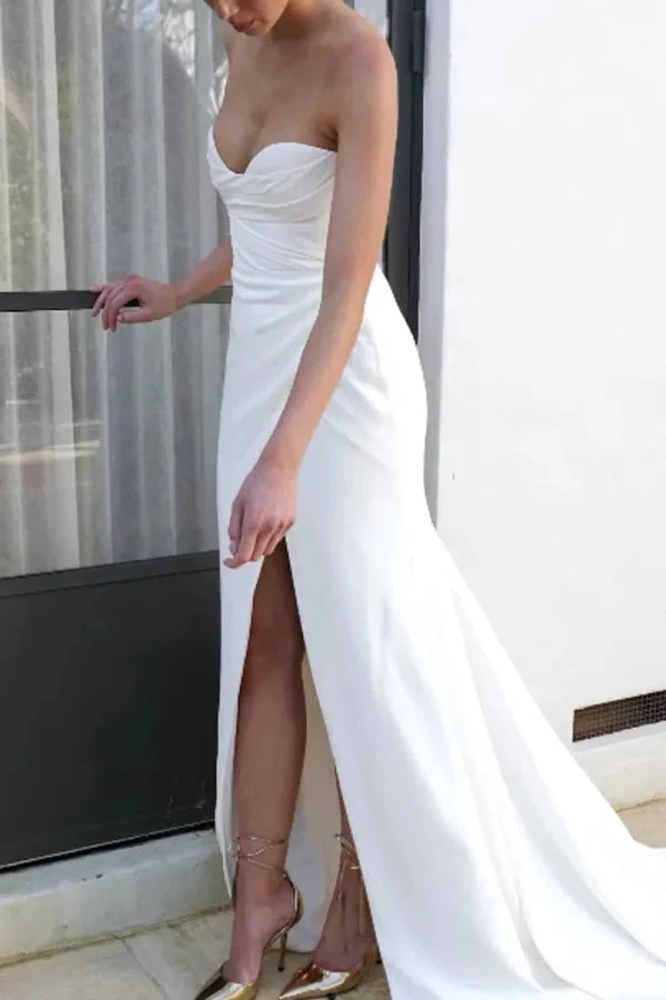 Modern Satin Mermaid Strapless Sweetheart Ruched-Bodice High-Slit Train Wedding Dress by YiHuiw