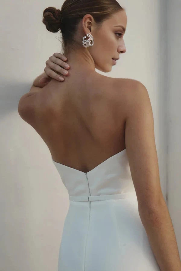 Modern Satin Mermaid Strapless Sweetheart Ruched-Bodice High-Slit Train Wedding Dress by YiHuiw