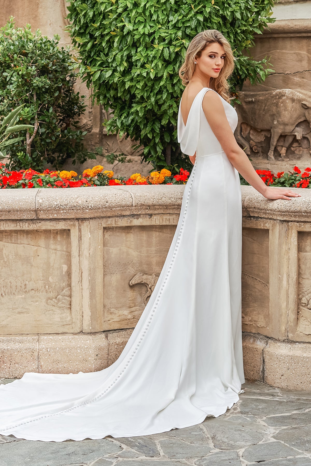 Modern Satin Mermaid V-Neck Sleeveless Cowl-Back High-Slit Train Wedding Dress by YiHuiw