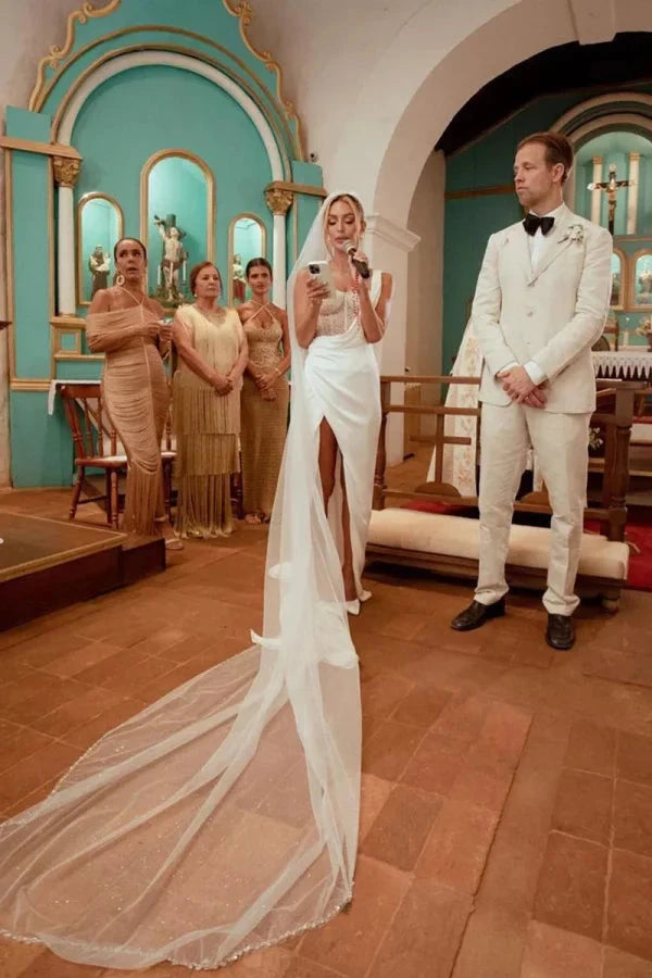 Modern Satin Sheath One-Shoulder Beaded-Bodice Draped-Sash High-Slit Wedding Dress by YiHuiw