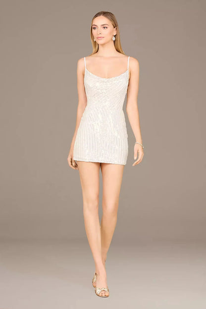 Modern Sheath Spaghetti-Strap Scoop-Neck Sequin Mini Wedding Dress by YiHuiw