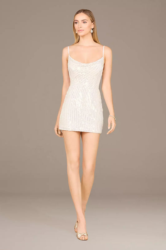 Modern Sheath Spaghetti-Strap Scoop-Neck Sequin Mini Wedding Dress