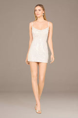Modern Sheath Spaghetti-Strap Scoop-Neck Sequin Mini Wedding Dress