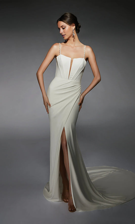Mermaid Spaghetti Strap Crepe Lace-Up Back High Slit Wedding Dress - Yihuiw by Yihuiw