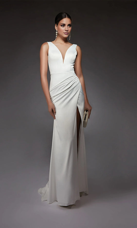 Mermaid Crepe Button Back High Slit Wedding Dress - Yihuiw by Yihuiw