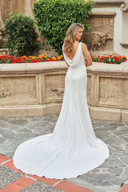 Mermaid Cowl Neck Satin Sleeveless High Slit Wedding Dress - Yihuiw by Yihuiw