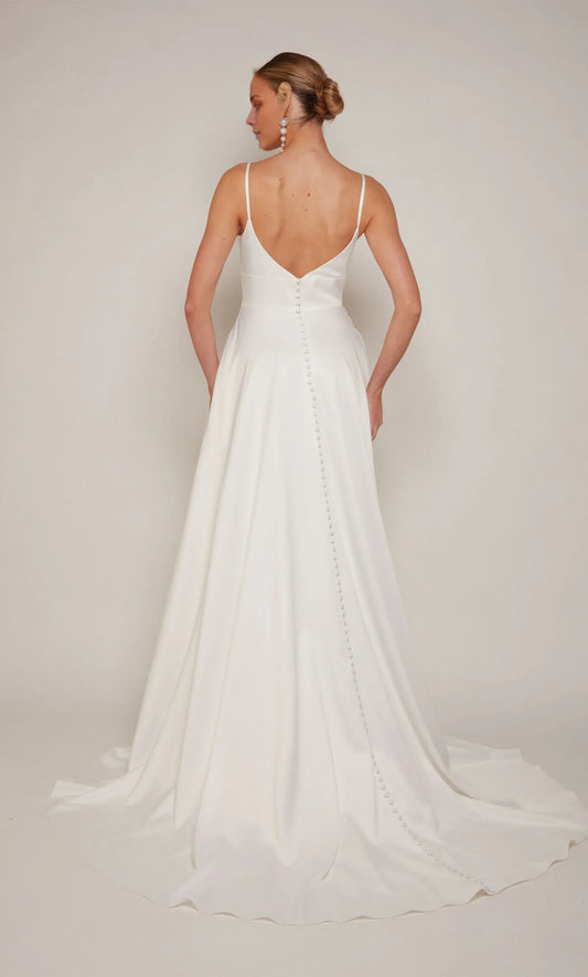 Spaghetti Strap Satin Button Back High Slit Wedding Dress - Yihuiw by Yihuiw