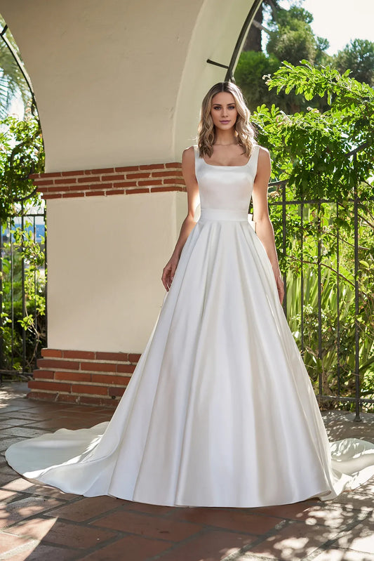 Square Neck Satin Floor-Length Wedding Dress - Yihuiw by Yihuiw