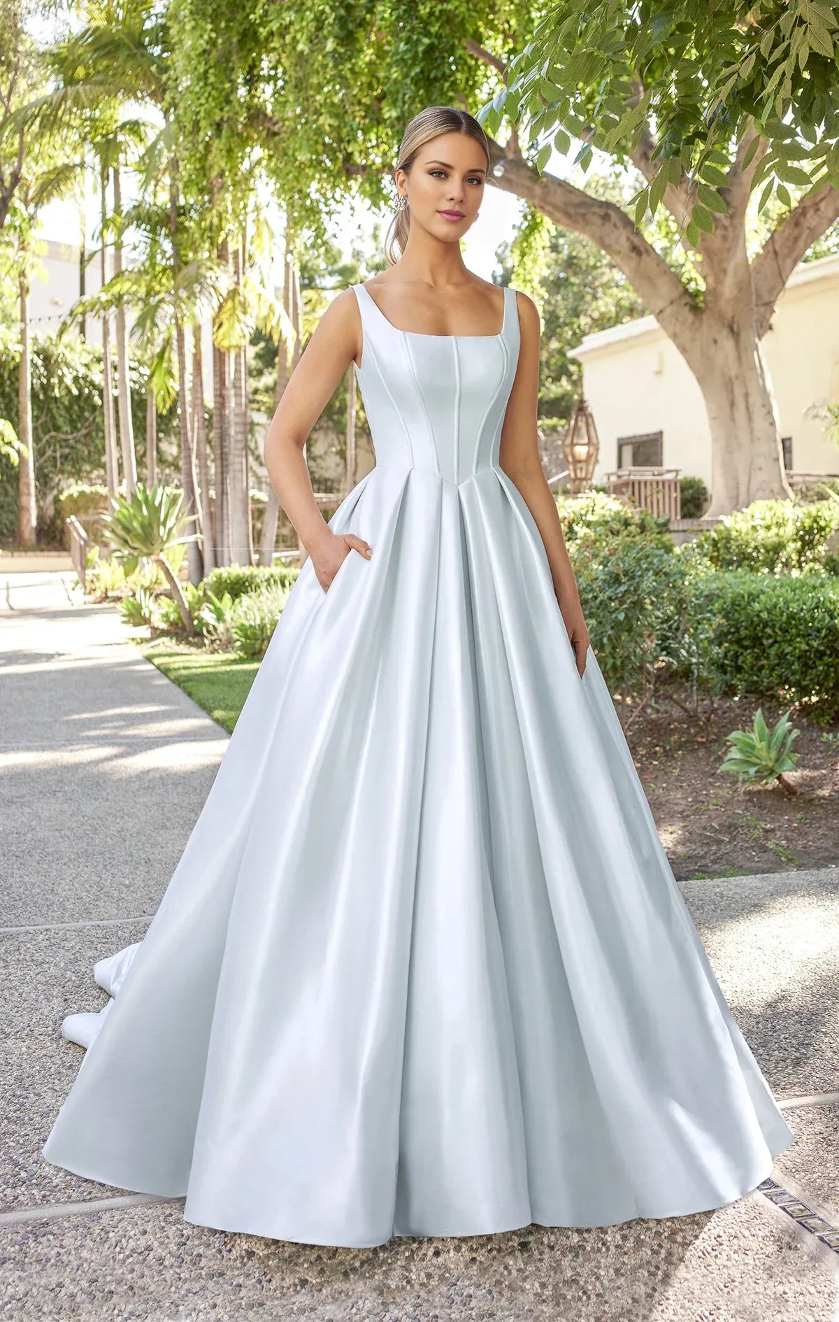 Square Neck Satin Button Back Wedding Dress - Yihuiw by Yihuiw