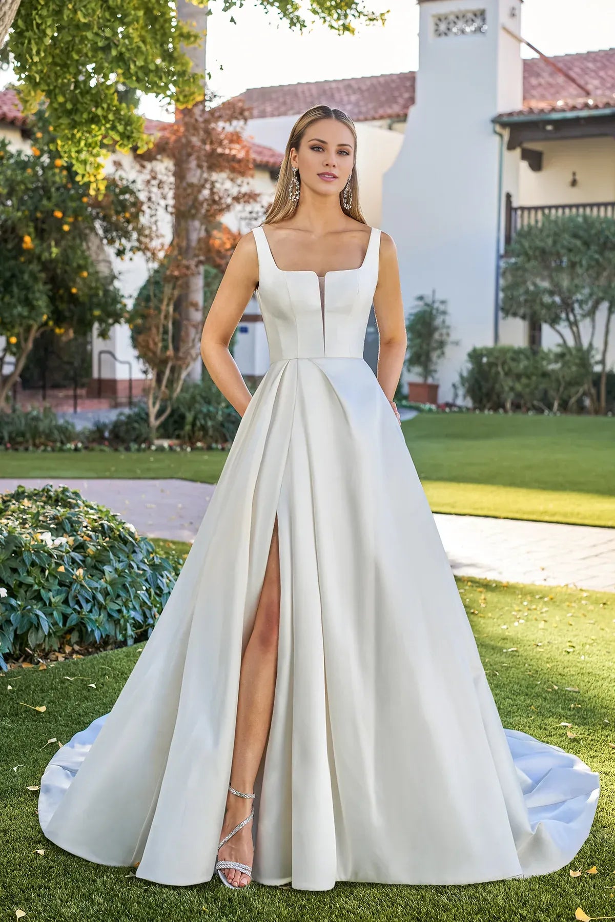 Square Neck Satin Open Back High Slit Wedding Dress - Yihuiw by Yihuiw