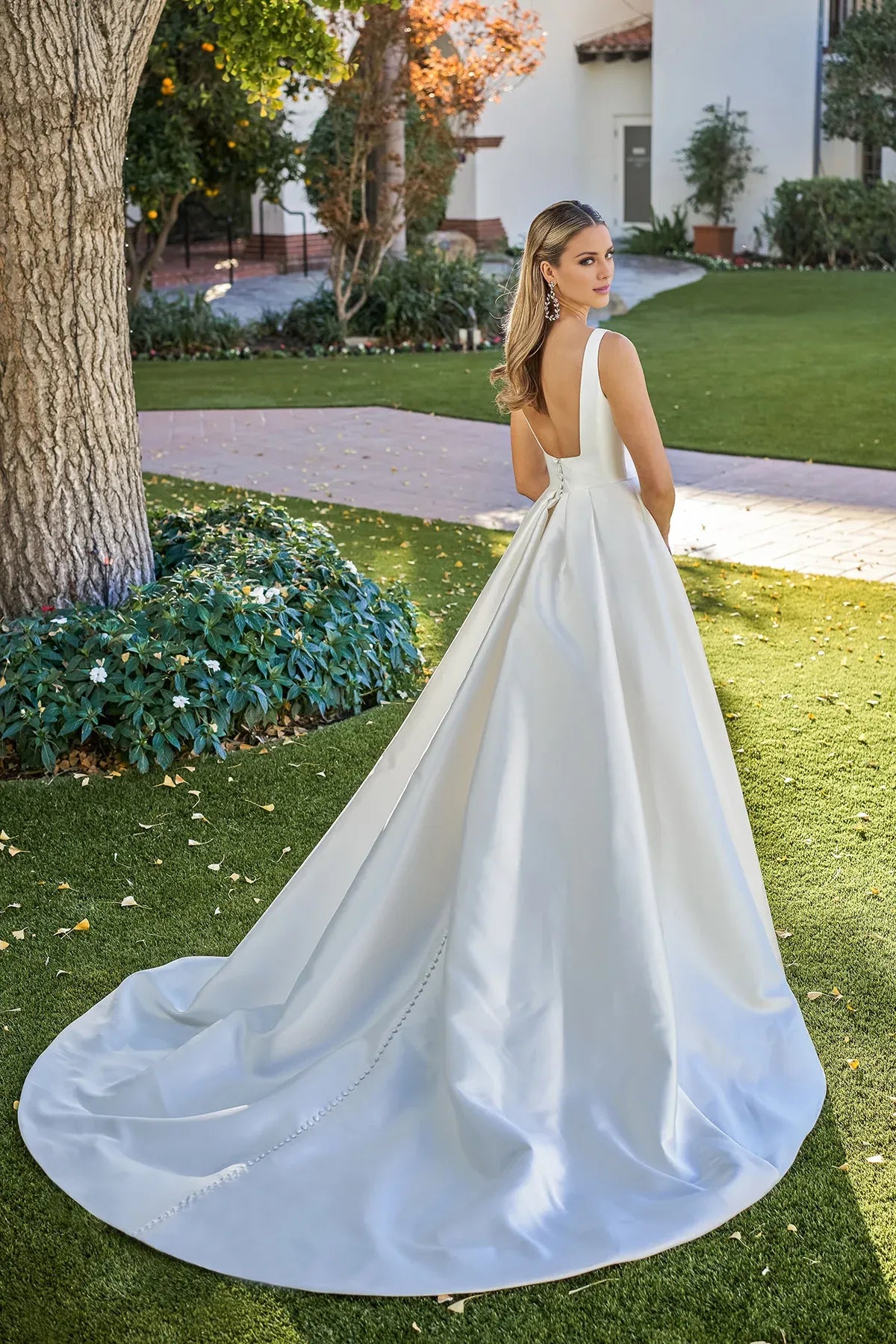 Square Neck Satin Open Back High Slit Wedding Dress - Yihuiw by Yihuiw