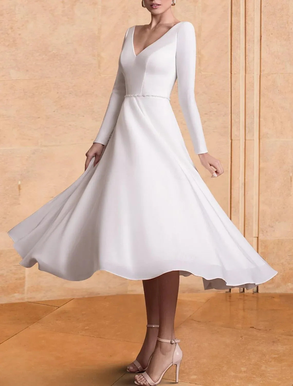 A-Line Long Sleeve Tea-Length Wedding Dress - Yihuiw by Yihuiw