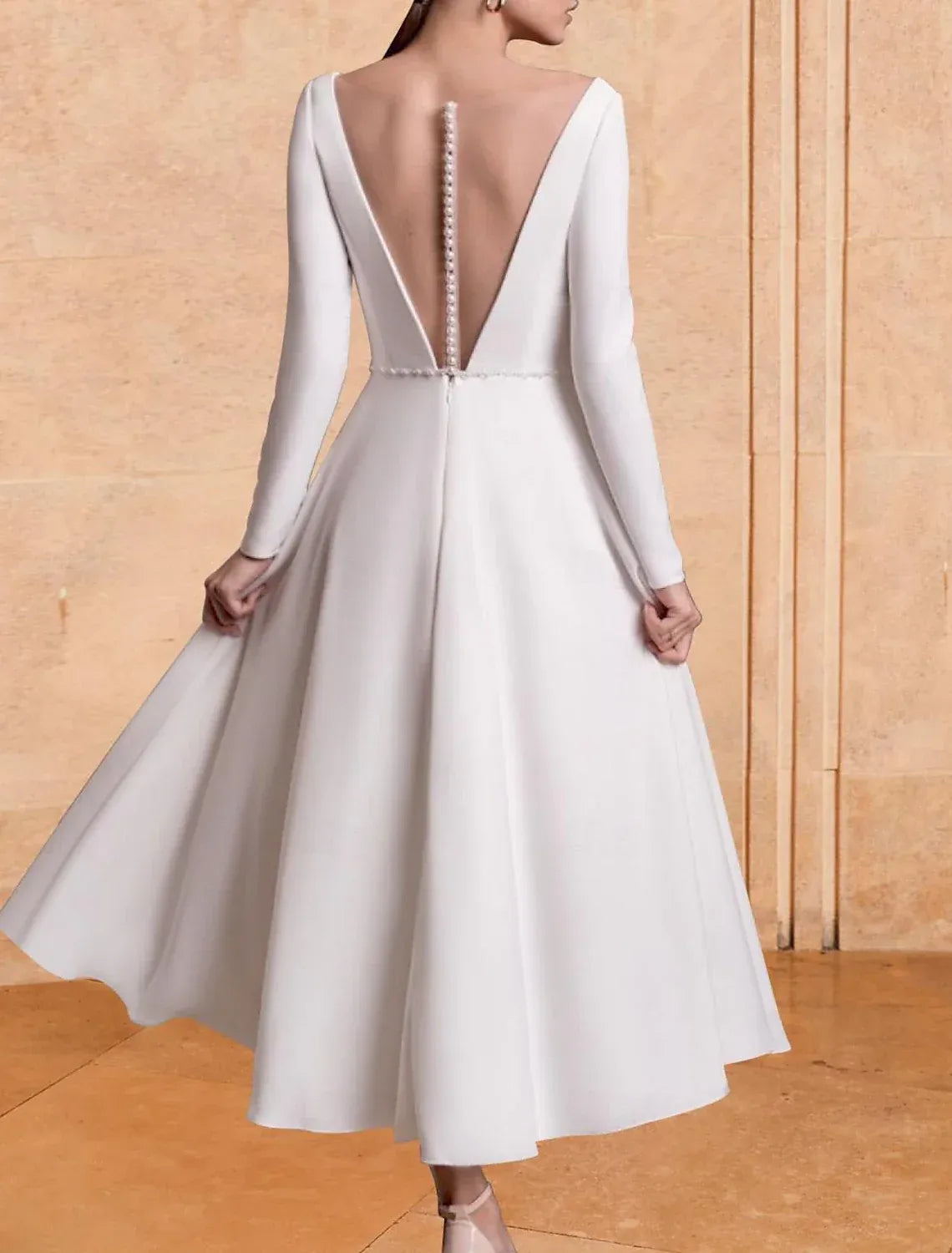 A-Line Long Sleeve Tea-Length Wedding Dress - Yihuiw by Yihuiw