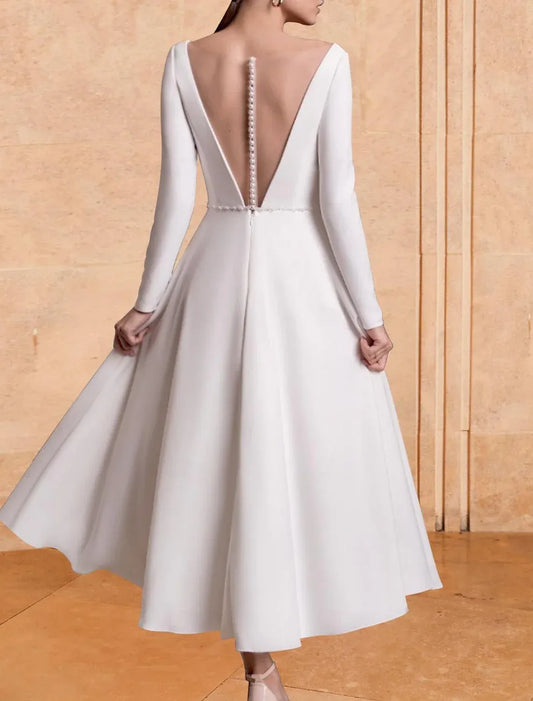 A-Line Long Sleeve Tea-Length Wedding Dress - Yihuiw by Yihuiw