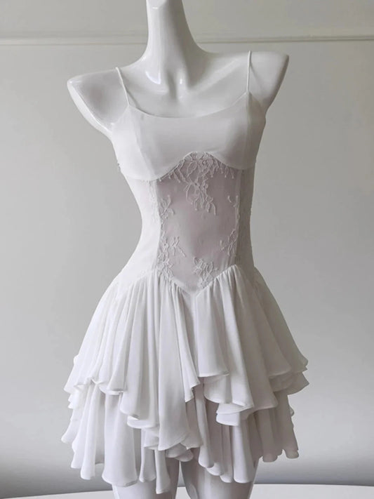 Modest A Line Spaghetti Straps White Chiffon Short Formal Homecoming Dress Middle School Short 20th Birthday Outfits Graduation Dress Cocktail Dresses by YiHuiw