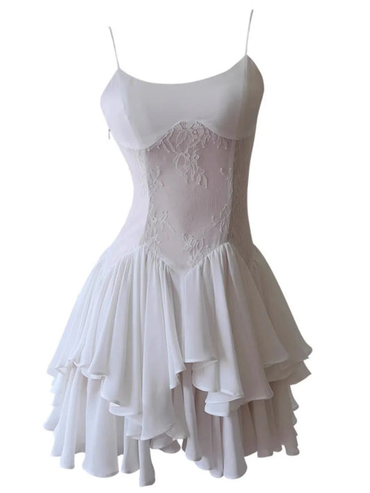 Modest A Line Spaghetti Straps White Chiffon Short Formal Homecoming Dress Middle School Short 20th Birthday Outfits Graduation Dress Cocktail Dresses by YiHuiw