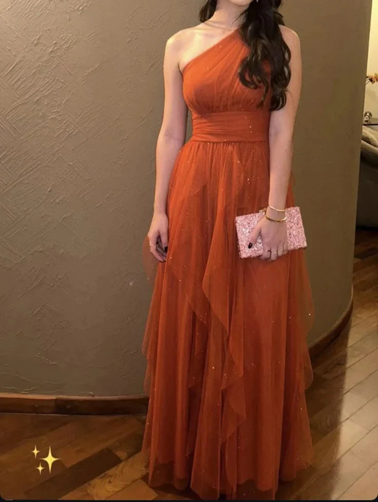 Modest A line One Shoulder Tulle Long Prom Gown Summer Wedding Guest Dress Bridal Guest Dresses Wedding Outfits For Guest simple gentle atmospheric and unique desi Bring summer colors to enhance whiteness by YiHuiw