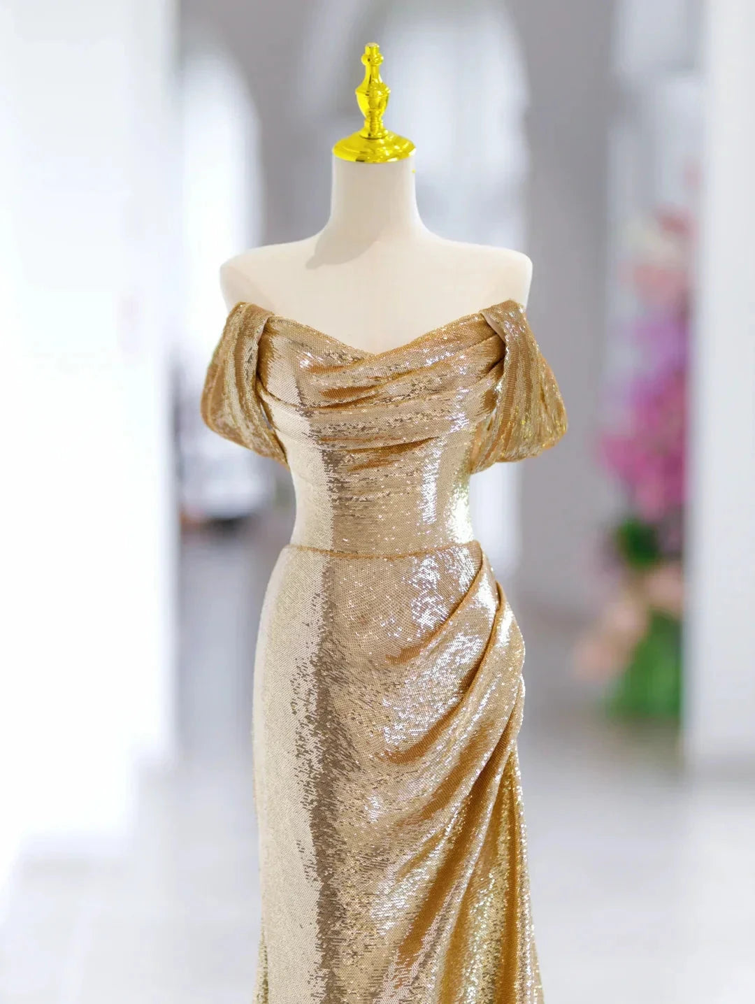 Modest Mermaid Off The Shoulder Gold Sequin Long Evening Party Gowns Evening Dress Special Formal Dresses Prom Dress by YiHuiw