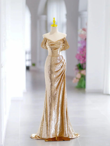 Modest Mermaid Off The Shoulder Gold Sequin Long Evening Party Gowns Evening Dress Special Formal Dresses Prom Dress by YiHuiw