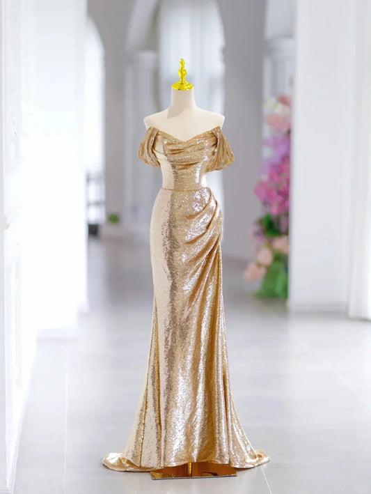 Modest Mermaid Off The Shoulder Gold Sequin Long Evening Party Gowns Evening Dress Special Formal Dresses Prom Dress by YiHuiw