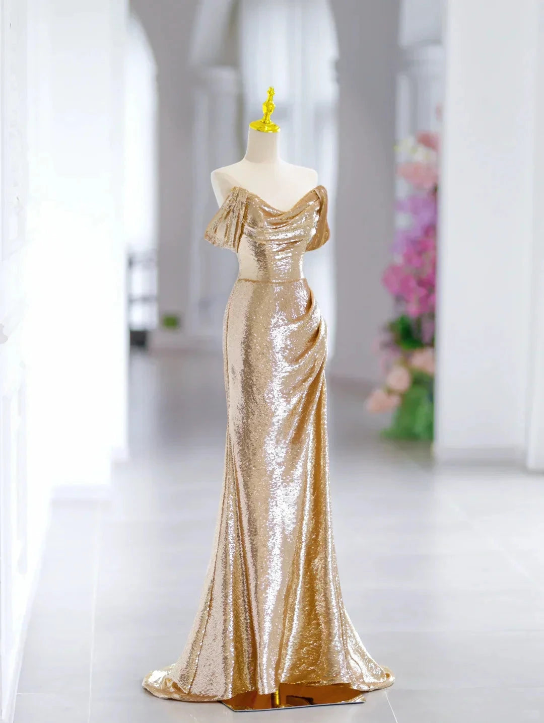 Modest Mermaid Off The Shoulder Gold Sequin Long Evening Party Gowns Evening Dress Special Formal Dresses Prom Dress by YiHuiw