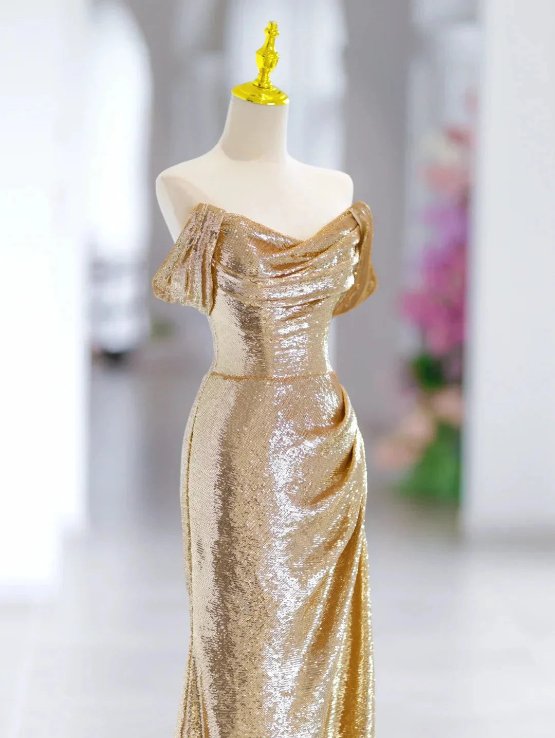 Modest Mermaid Off The Shoulder Gold Sequin Long Evening Party Gowns Evening Dress Special Formal Dresses Prom Dress by YiHuiw
