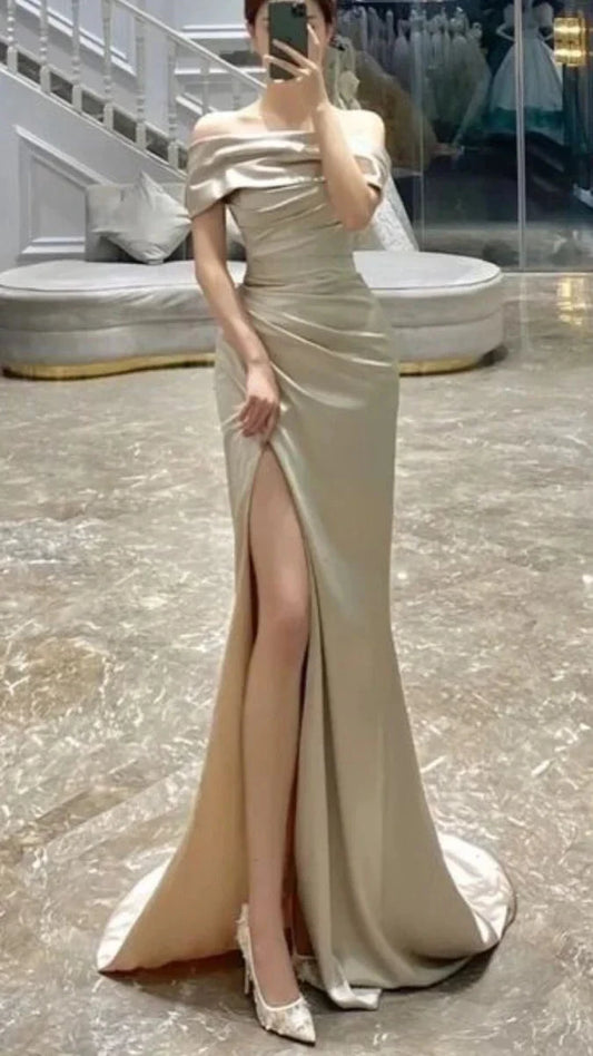 Modest Mermaid Off The Shoulder Slit Prom Gown Summer Wedding Guest Dress Bridal Guest Dresses Wedding Outfits For Guest simple gentle atmospheric and unique desi Bring summer colors to enhance whiteness by YiHuiw