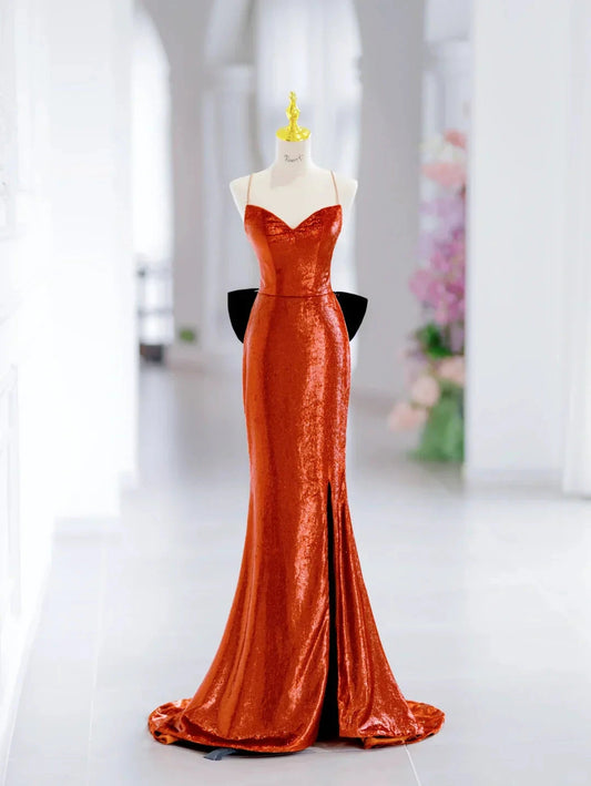 Modest Mermaid Spaghetti Straps Sequin Long Slit Evening Party Gowns Evening Dress Special Formal Dresses Prom Dress by YiHuiw