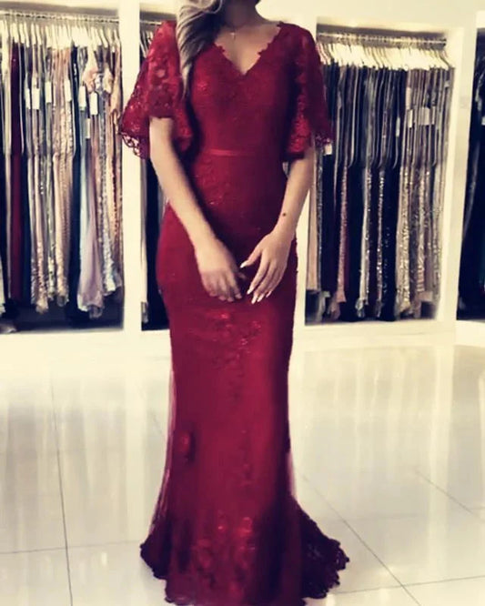 Modest Prom Dresses Lace Mermaid Evening Gown With Puffy Sleeves simple gentle atmospheric and unique desi Bring summer colors to enhance whiteness by YiHuiw