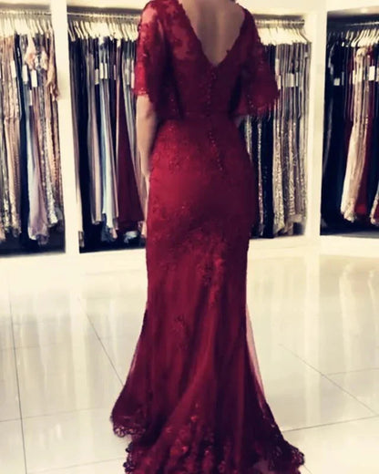 Modest Prom Dresses Lace Mermaid Evening Gown With Puffy Sleeves simple gentle atmospheric and unique desi Bring summer colors to enhance whiteness by YiHuiw