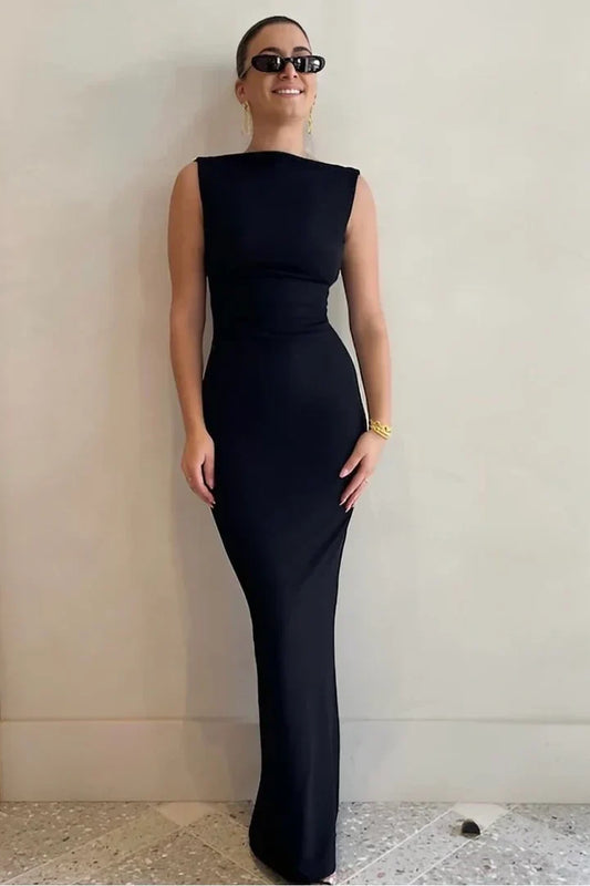 Black Open-Back Evening Dress with Cap Sleeves and Floor-Length Silhouette