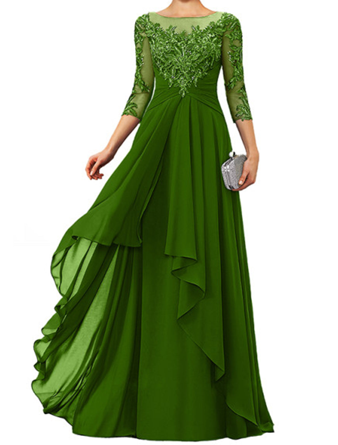 Sheath / Column Mother of the Bride Dress Elegant Jewel Neck Floor Length Chiffon Lace 3/4 Length Sleeve with Appliques by YiHuiw