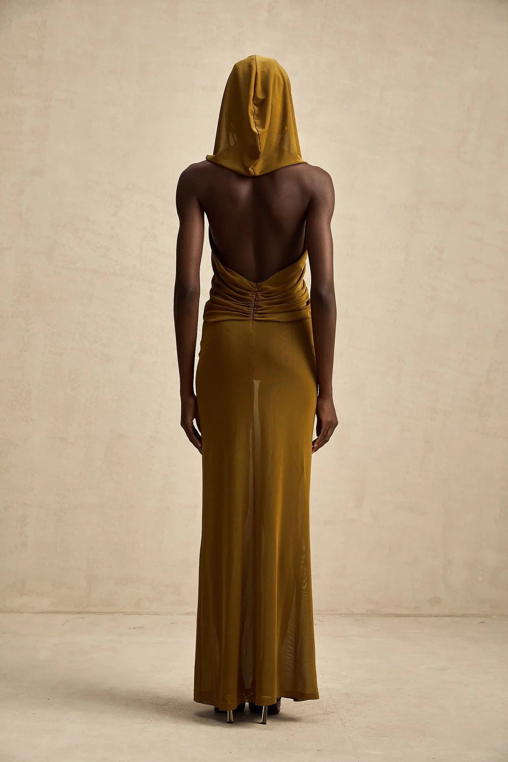 Mustard Yellow Draped Hooded Maxi Dress crossover backless hooded maxi dress Evening Dress by YiHuiw