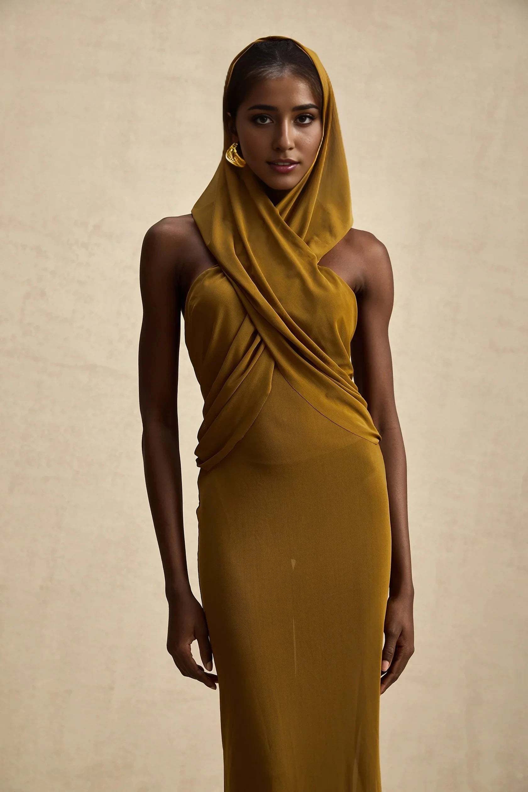 Mustard Yellow Draped Hooded Maxi Dress crossover backless hooded maxi dress Evening Dress by YiHuiw
