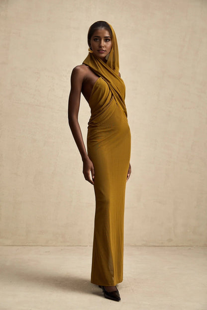 Mustard Yellow Draped Hooded Maxi Dress crossover backless hooded maxi dress Evening Dress by YiHuiw
