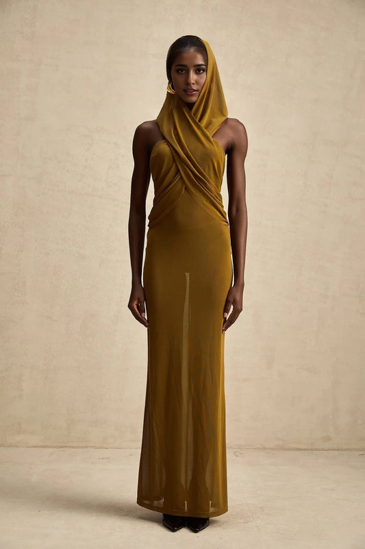 Mustard Yellow Draped Hooded Maxi Dress crossover backless hooded maxi dress Evening Dress by YiHuiw