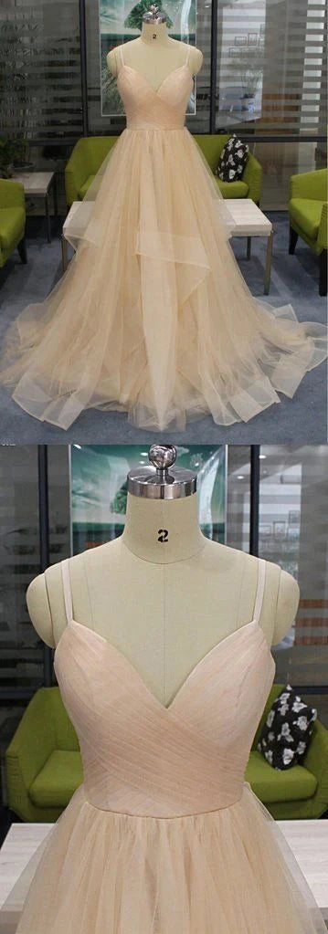 Naked pink wedding dress with deep V-neck straps and tight upper body design by YiHuiw