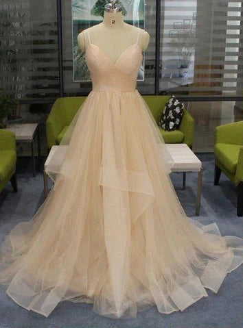 Naked pink wedding dress with deep V-neck straps and tight upper body design by YiHuiw